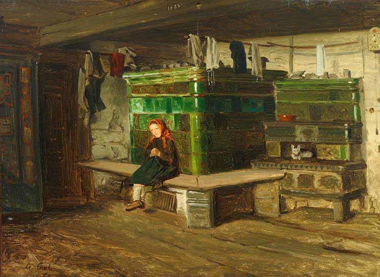 Georg Saal view into a Blackforest living room with small girl on the oven bench china oil painting image